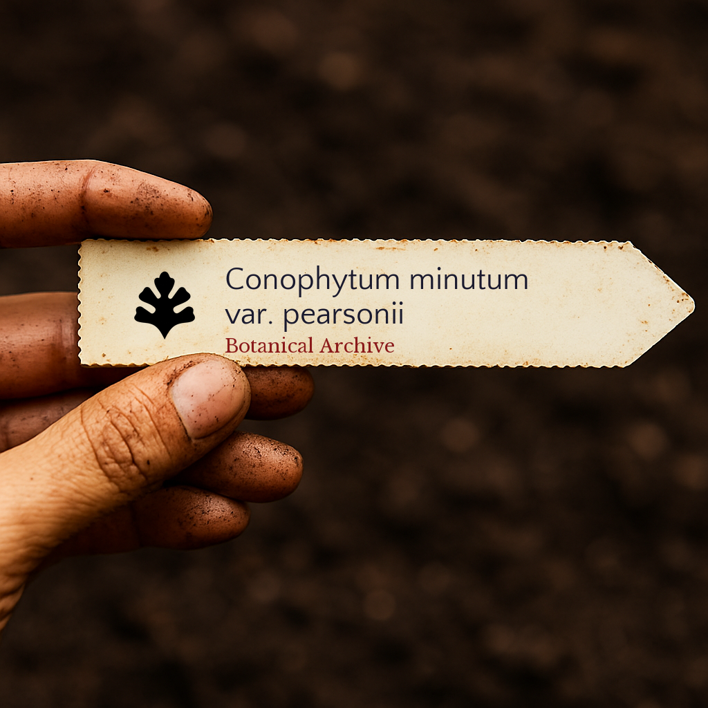 Etichetta stampata per pianta Conophytum minutum var. pearsonii tenuta sopra uno sfondo di terra