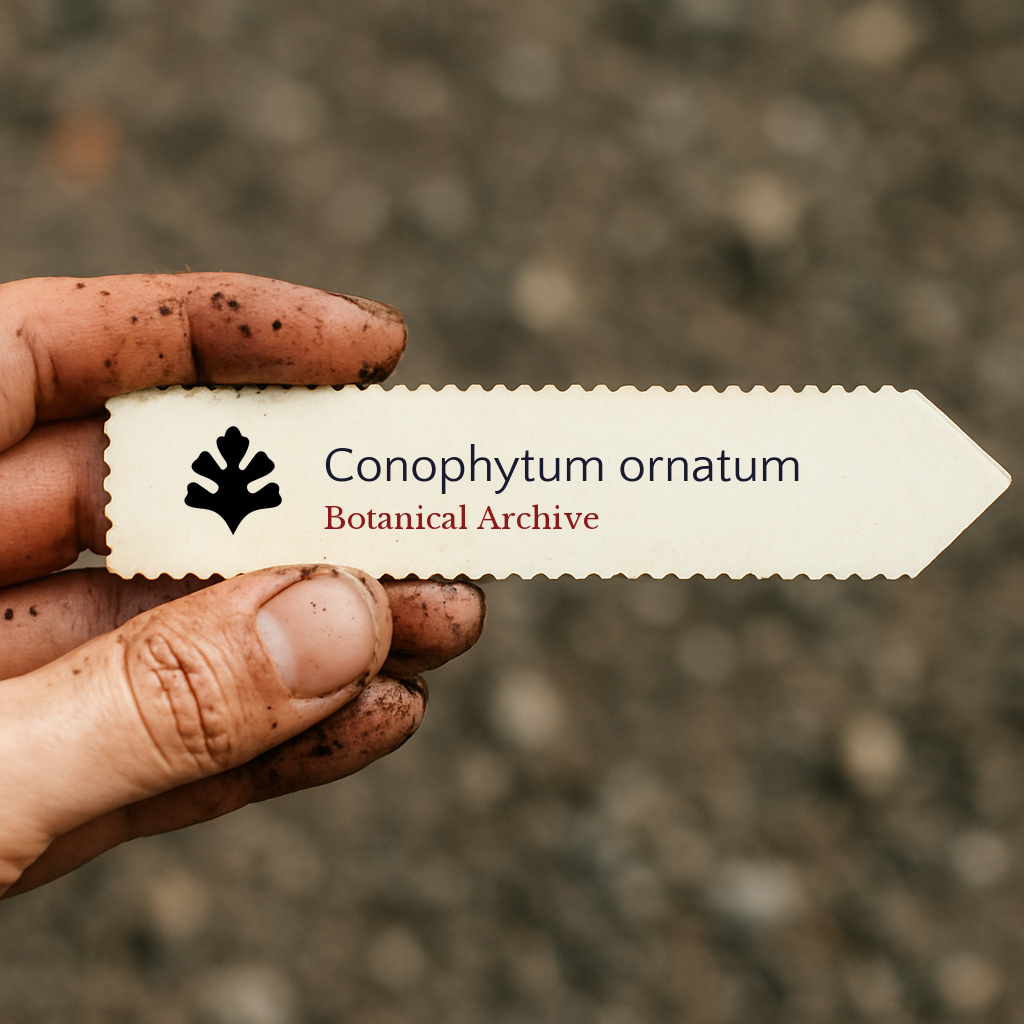 Etichetta stampata per pianta di Conophytum ornatum tenuta da una mano sporca all'aperto