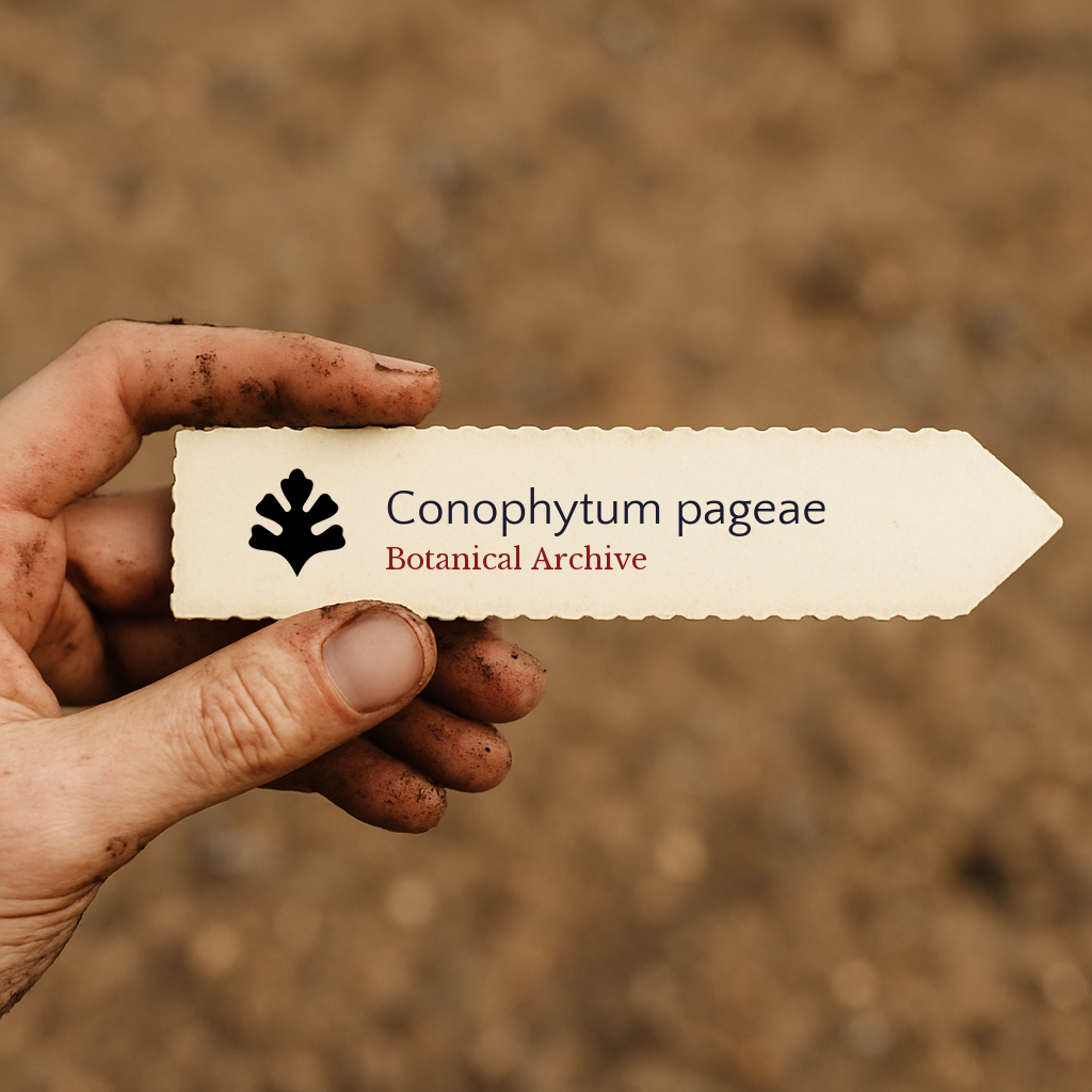 Printed plant label for Conophytum pageae held by dirty hand over soil background