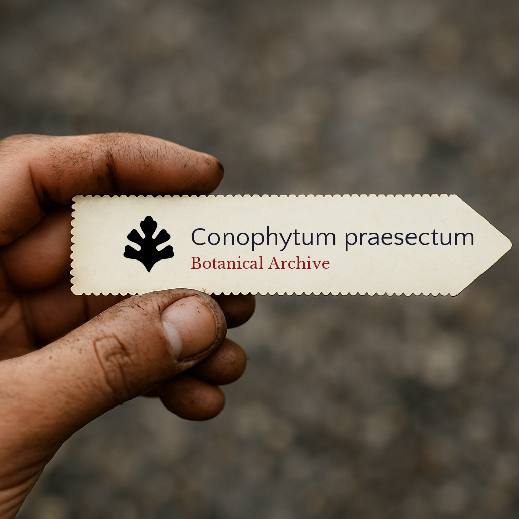 Printed plant label for Conophytum praesectum held by hand with dirt background