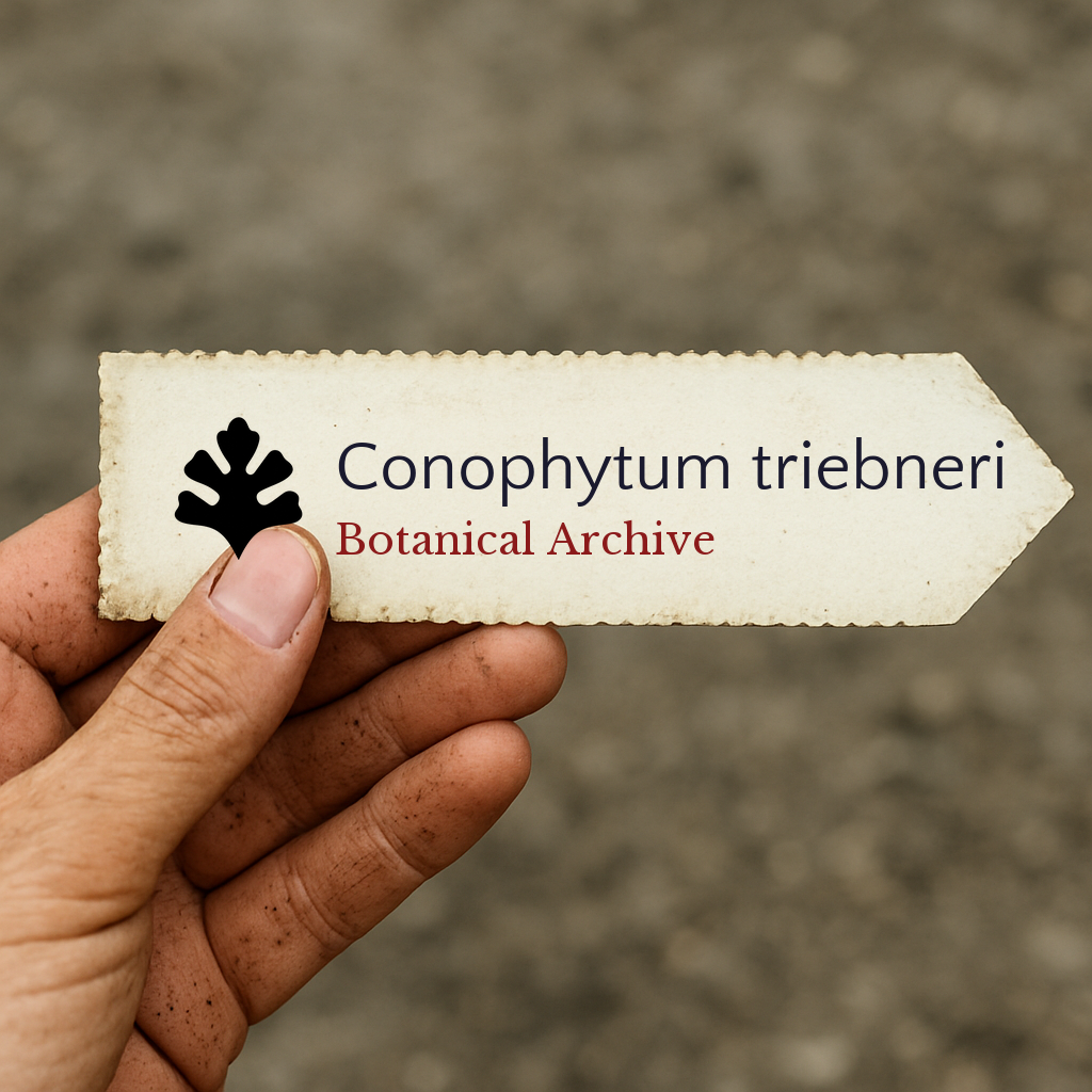 Printed plant label for Conophytum triebneri held by hand with dirt background