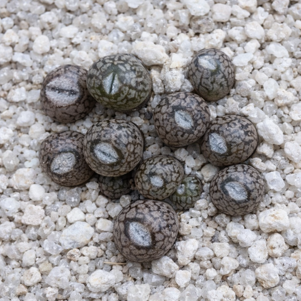 Semi di Conophytum comptonii, piccolo succulento rotondo con superfici grigio-verdi a motivo su ghiaia