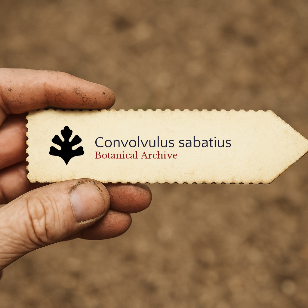 Printed plant label for Convolvulus sabatius held by dirty hand against soil background