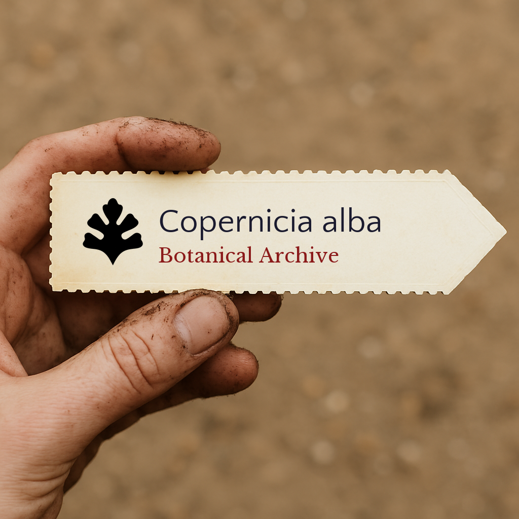 Printed plant label for Copernicia alba held by dirty hand against blurred soil background