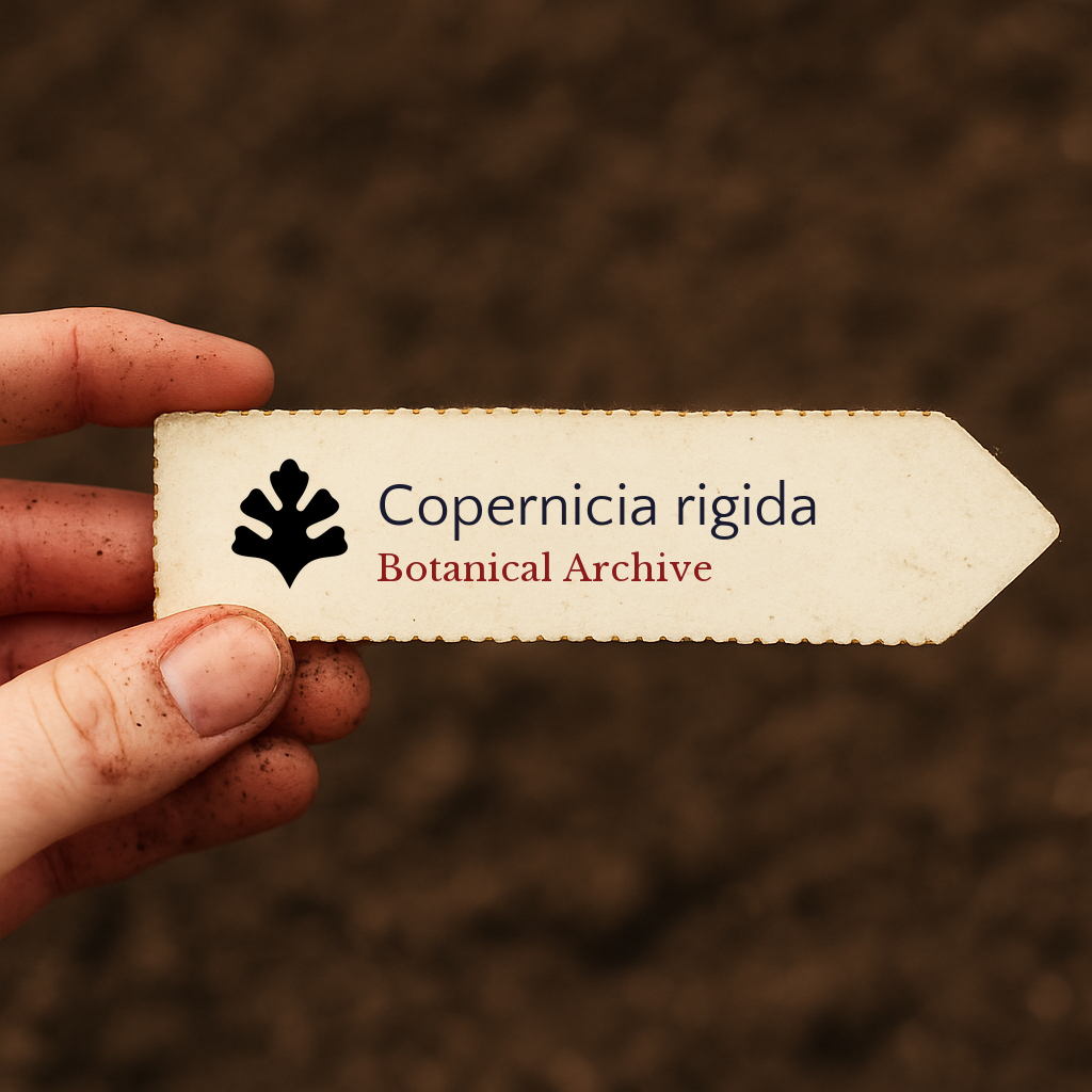 Printed plant label for Copernicia rigida with botanical archive logo held over soil background