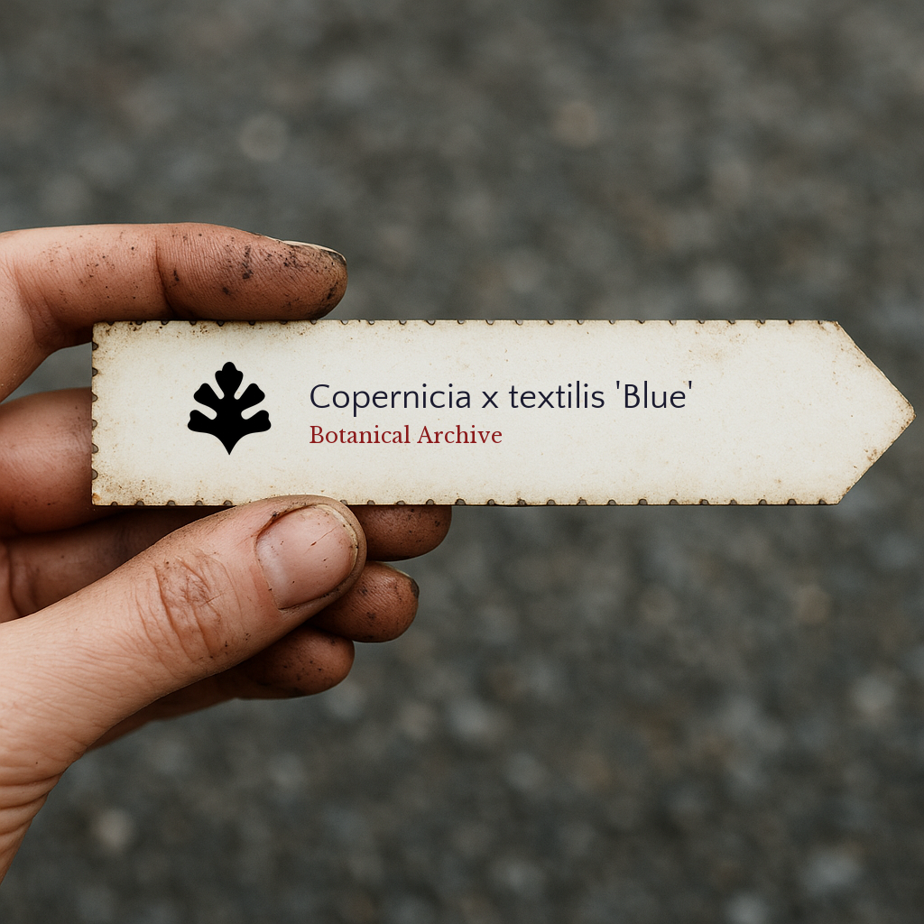 Printed plant label for Copernicia x textilis 'Blue' held by hand with dirt on fingers