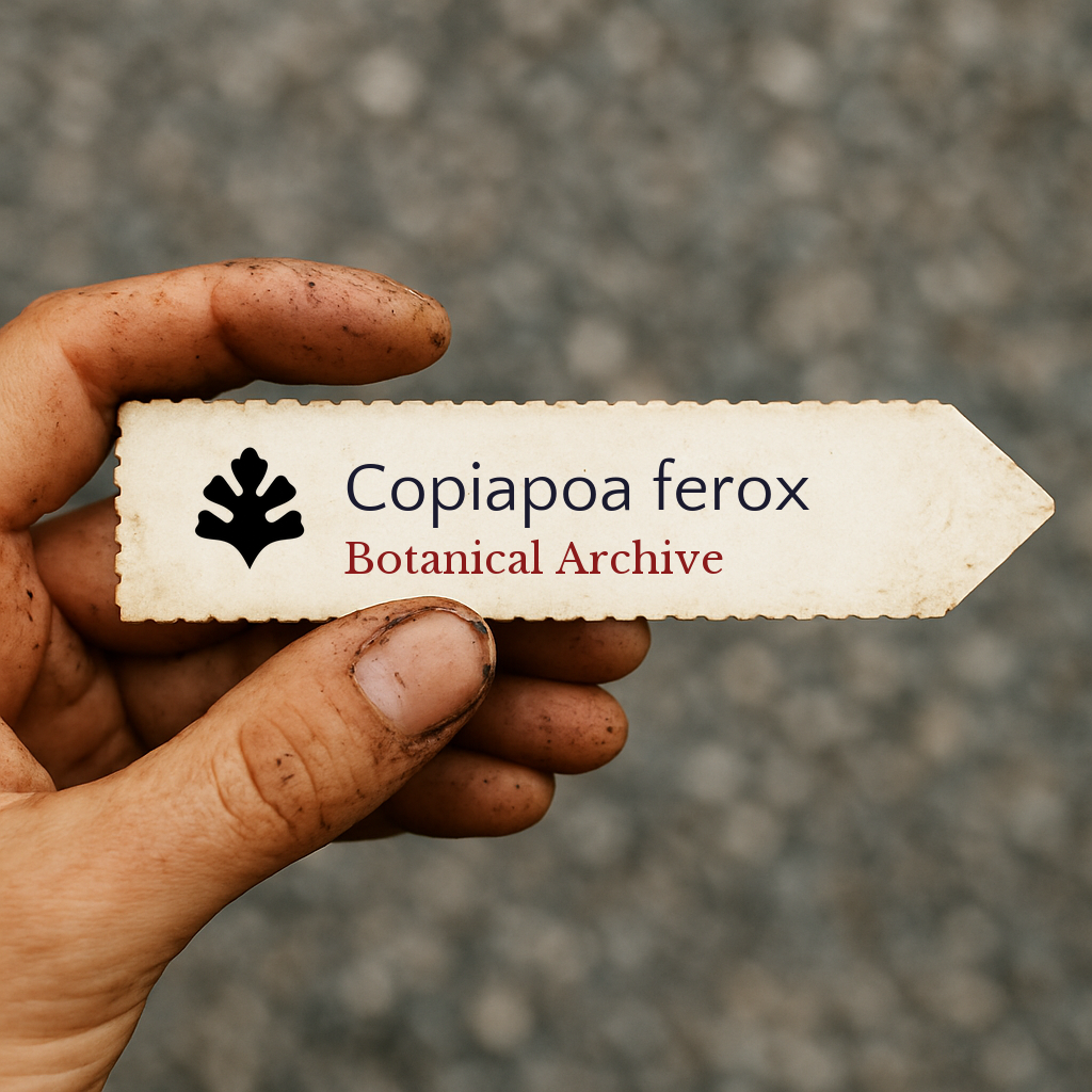 Etichetta stampata per pianta di Copiapoa ferox tenuta da mano sporca con sfondo sfocato