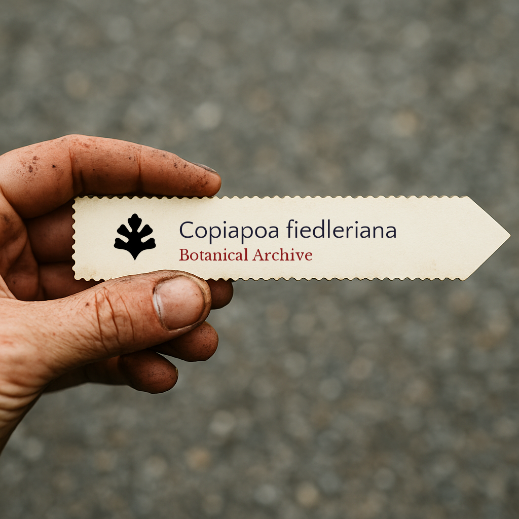 Etichetta per pianta stampata per Copiapoa fiedleriana tenuta a mano con sfondo di terra