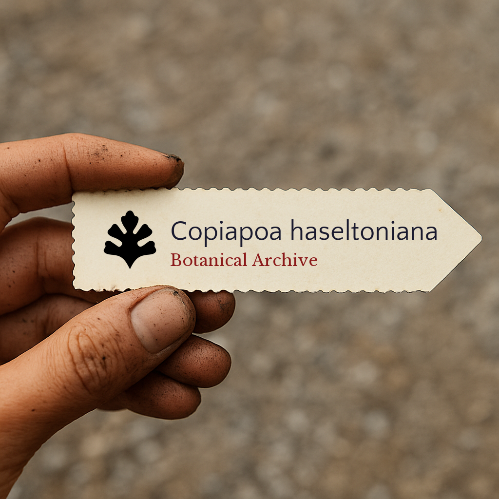 Printed plant label for Copiapoa haseltoniana held by hand with dirt background