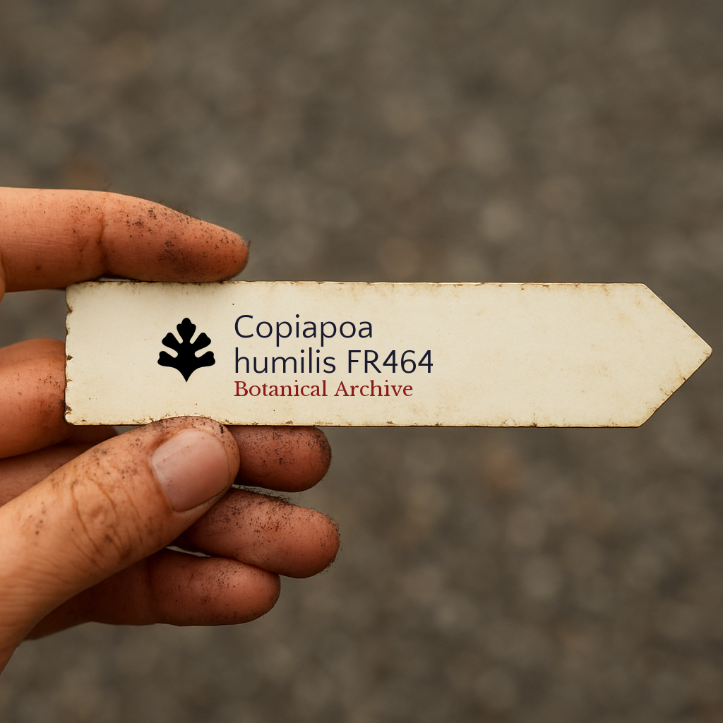 Printed plant label for Copiapoa humilis held by dirty hand outdoors