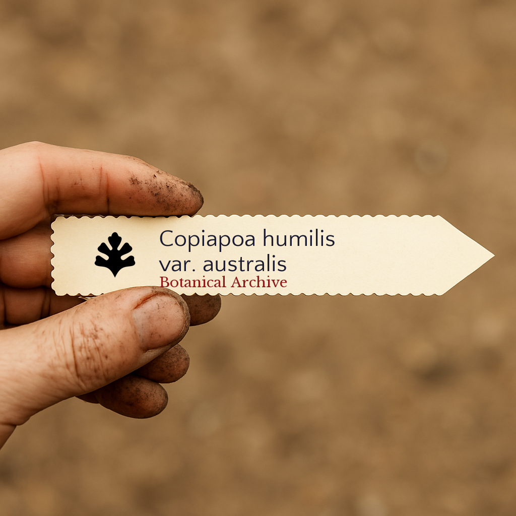 Printed plant label for Copiapoa humilis var. australis held by dirty hand outdoors