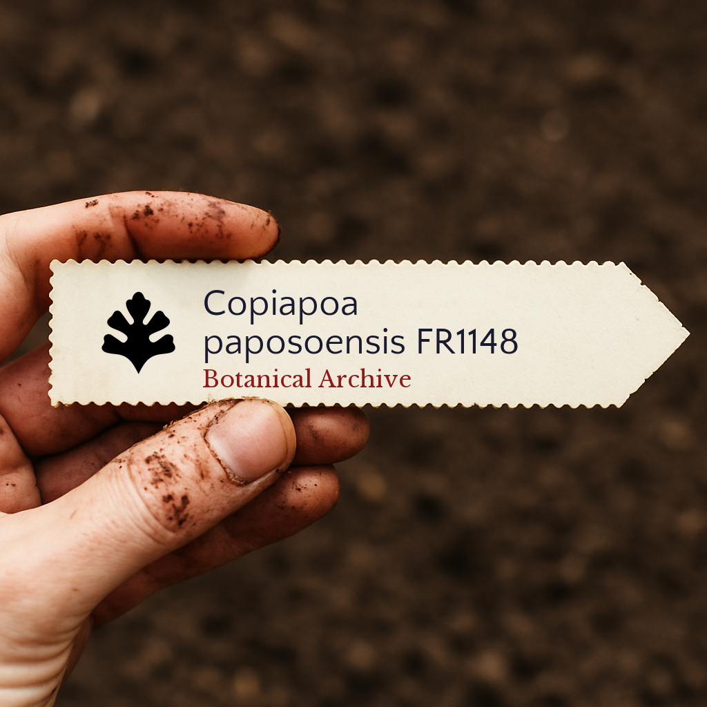 Printed plant label for Copiapoa paposoensis FR1148 held by dirty hand over soil background