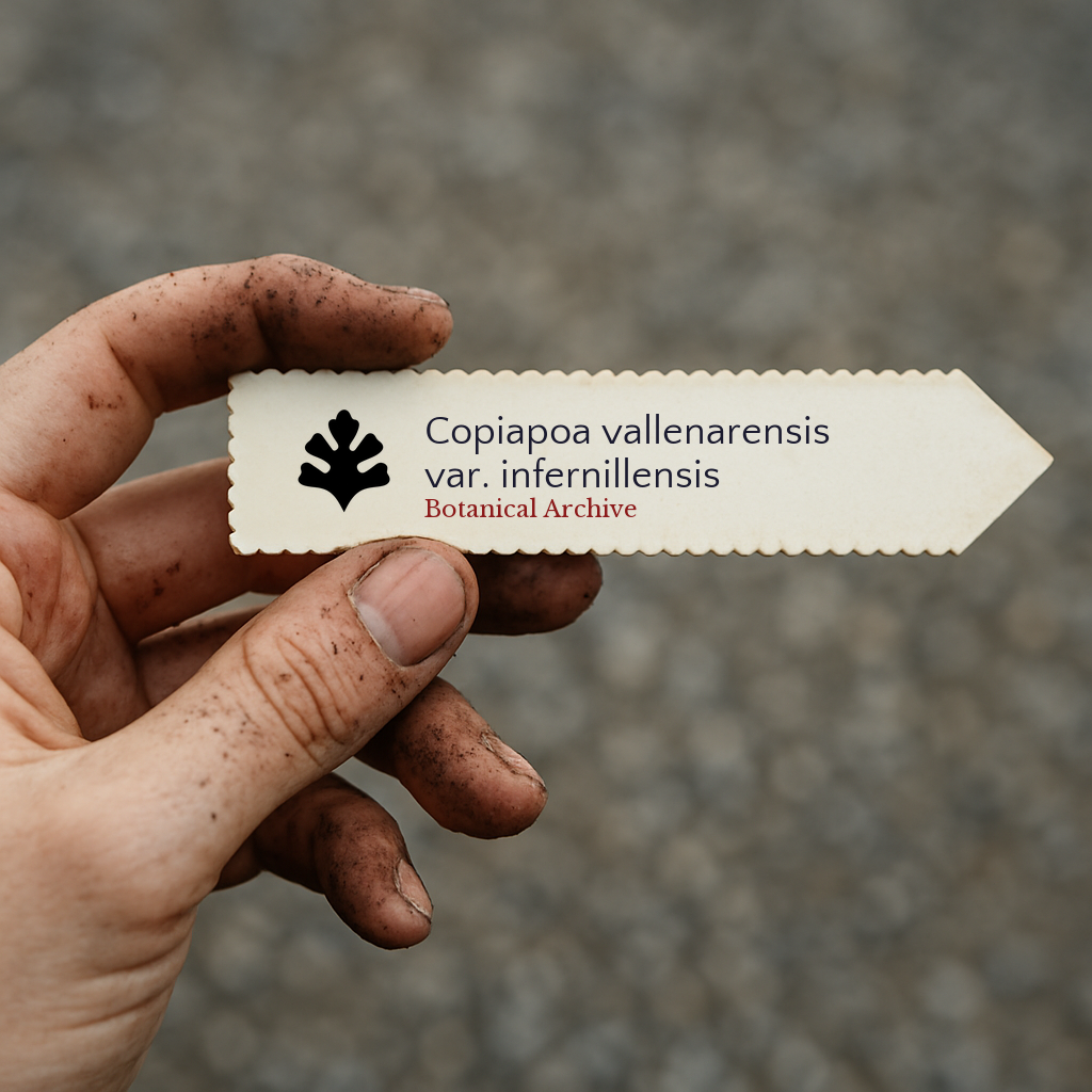 Printed plant label for Copiapoa vallenarensis var. infernillensis held in dirty hand