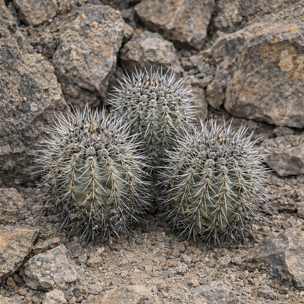 Copiapoa leonensis rare cactus with dense white spines growing among rocky soil