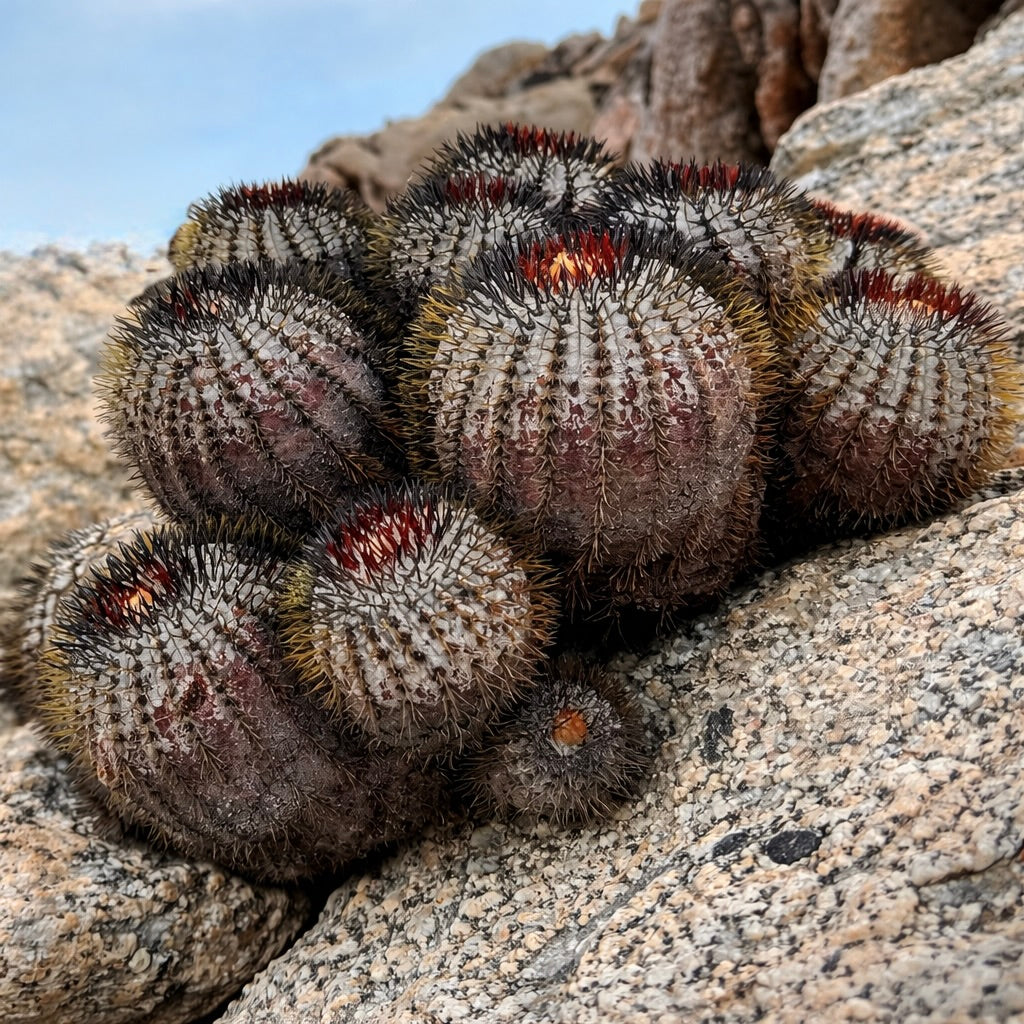 Gruppo raro di cactus succulento Copiapoa longistaminea con spine scure su terreno roccioso