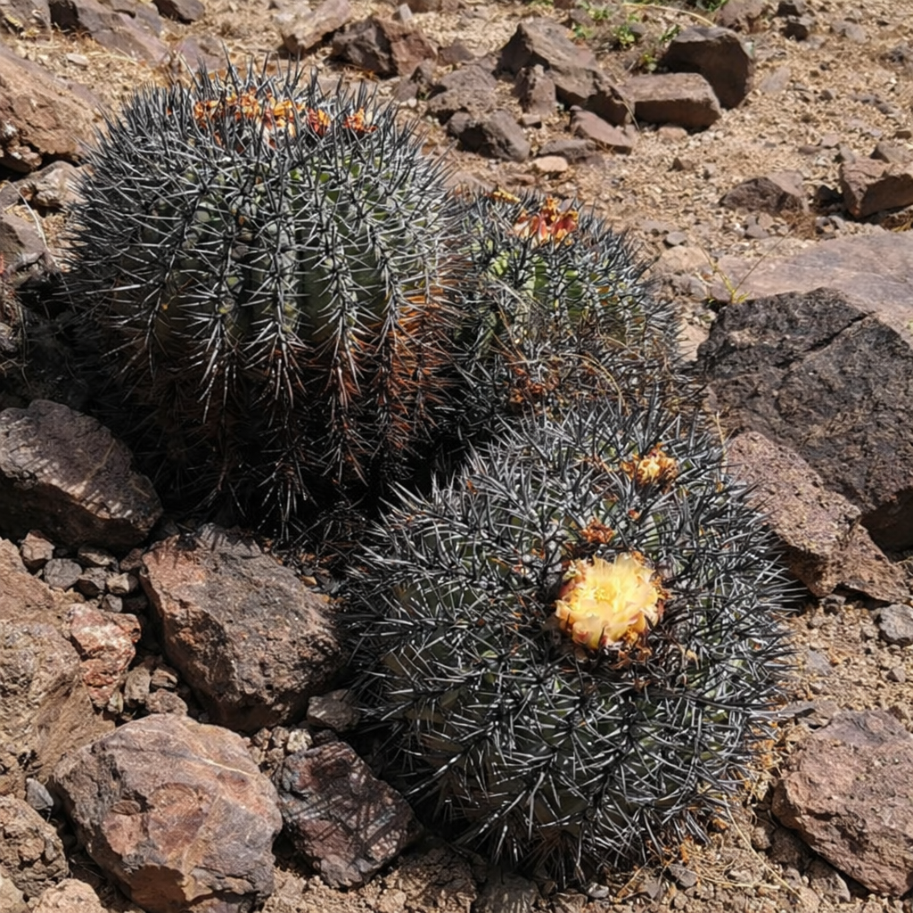Copiapoa schulziana raro cactus con fitte spine nere e fiori gialli in terreno roccioso