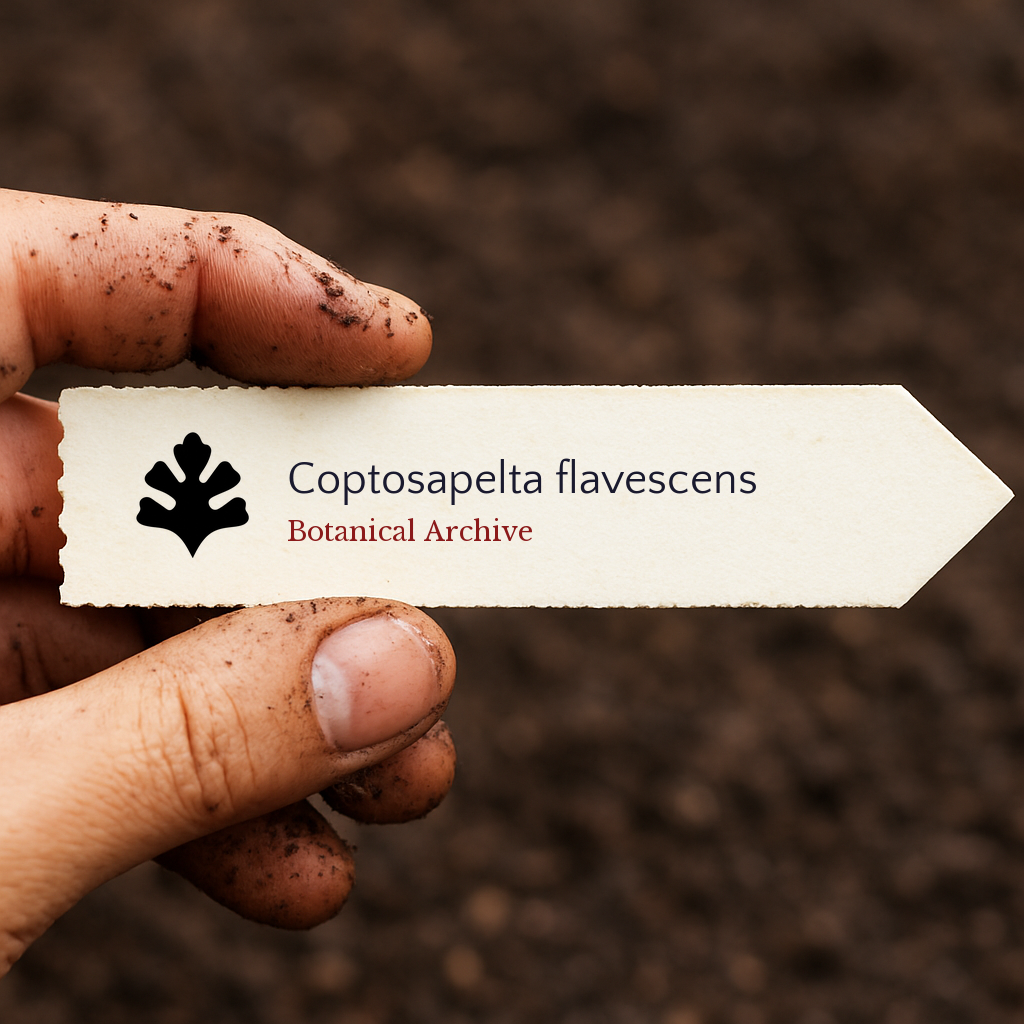 Etichetta stampata per pianta di Coptosapelta flavescens tenuta da mano sporca su sfondo di terreno