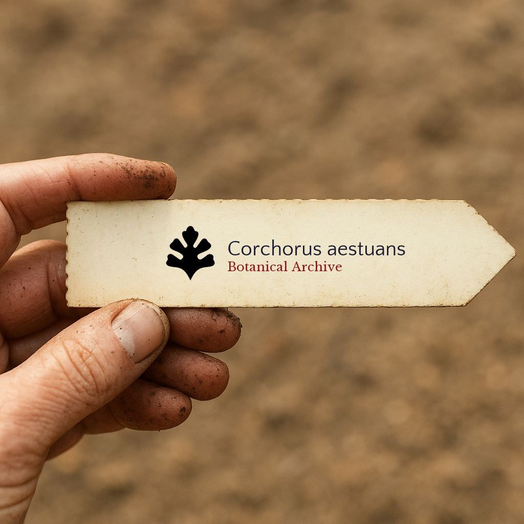 Printed plant label for Corchorus aestuans held by dirty hand with soil background