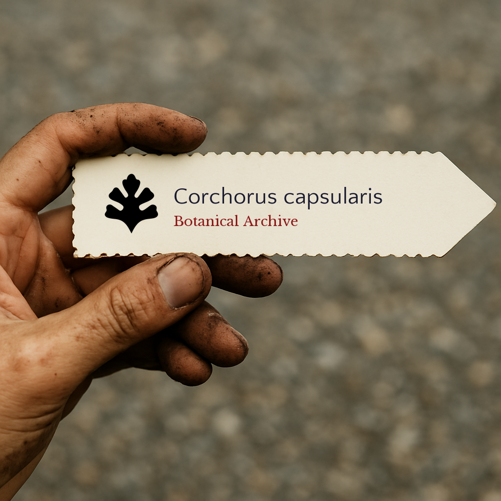 Etichetta per pianta stampata per Corchorus capsularis con il logo di Botanical Archive tenuta da mano sporca