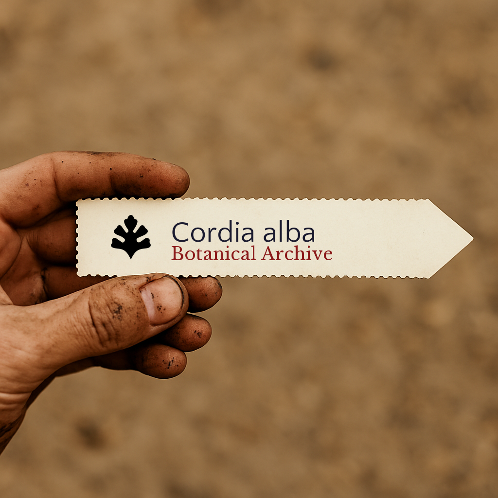 Etichetta per pianta stampata per Cordia alba tenuta da una mano sporca con sfondo sfocato di terra