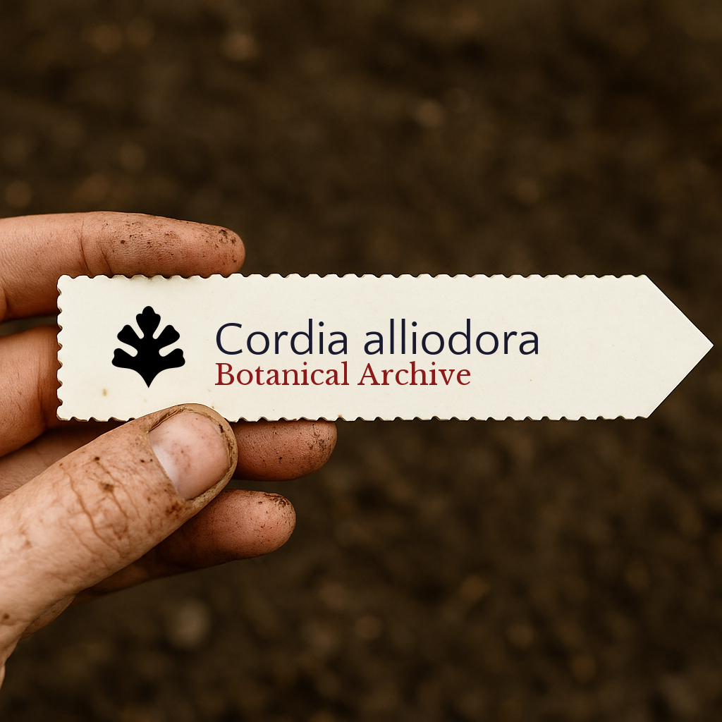 Printed plant label for Cordia alliodora held by dirty hand over soil background