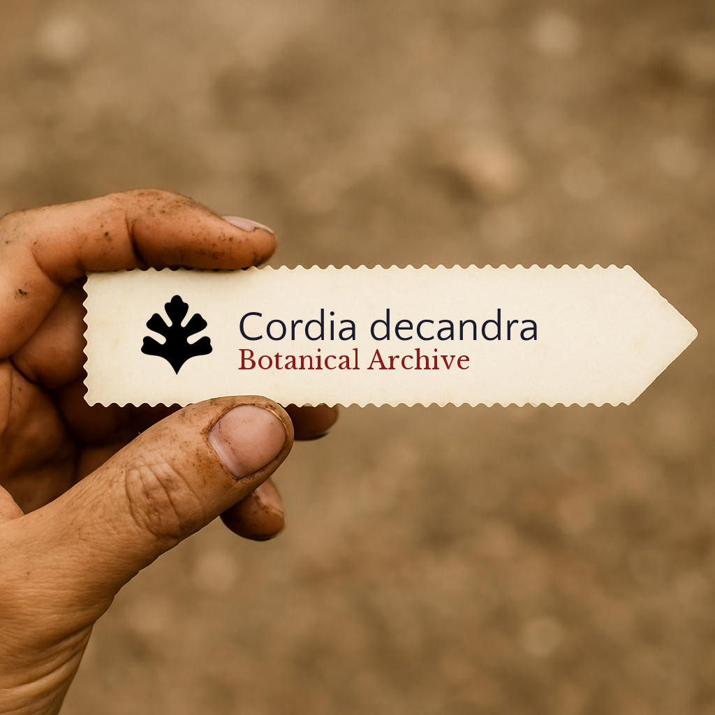 Etichetta stampata per pianta di Cordia decandra tenuta in mano con sfondo di terra