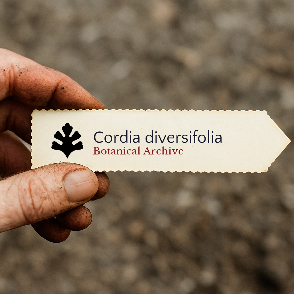 Etichetta per pianta stampata per Cordia diversifolia con logo Botanical Archive tenuta a mano