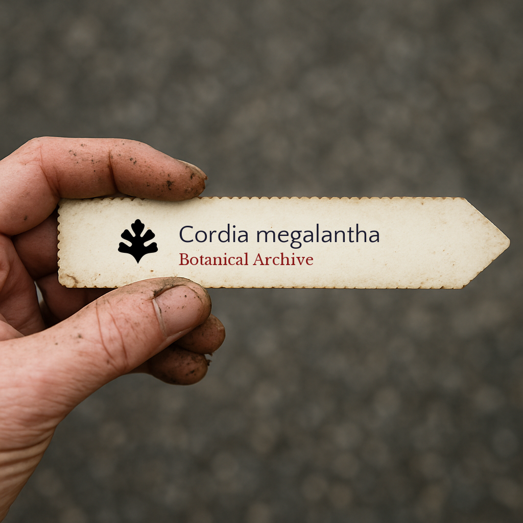 Etichetta botanica vintage per Cordia megalantha tenuta da una mano sporca