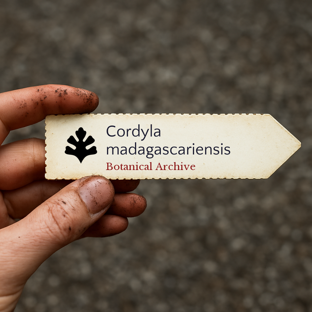 Printed plant label for Cordyla madagascariensis held by dirty hand outdoors