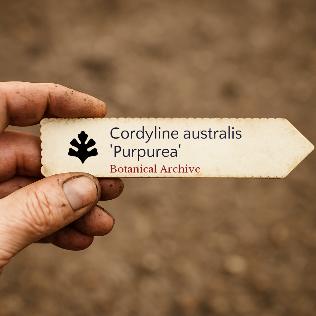 Printed plant label for Cordyline australis 'Purpurea' held by hand with soil background