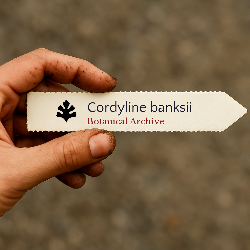Etichetta stampata per pianta di Cordyline banksii con logo Botanical Archive tenuta da mano sporca