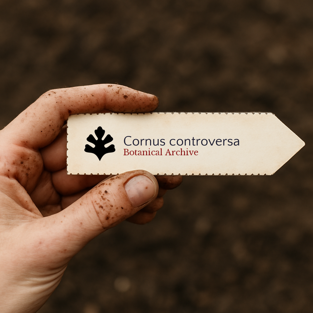 Printed plant label for Cornus controversa held by dirty hand over soil background