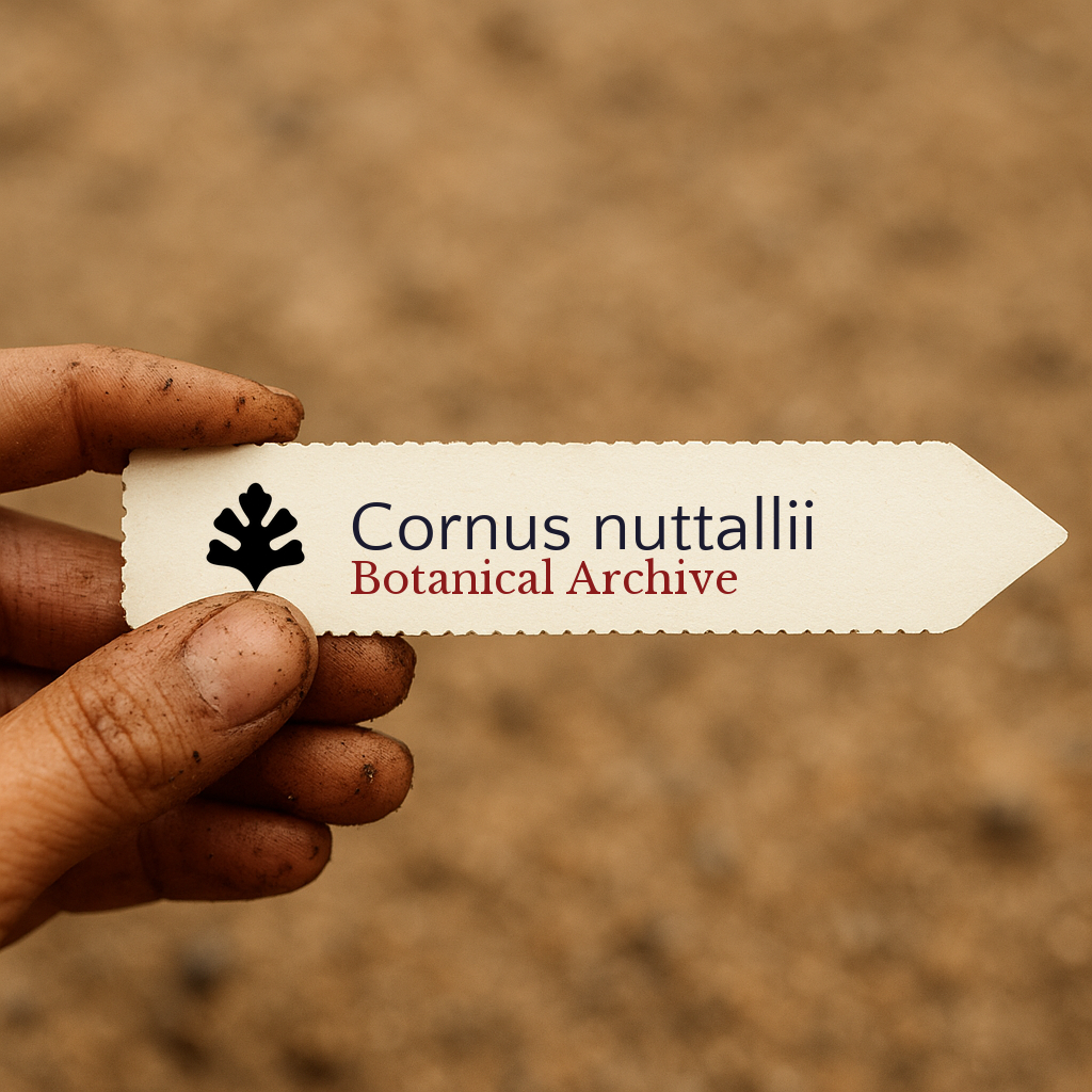 Printed plant label for Cornus nuttallii held by dirty hand over soil background