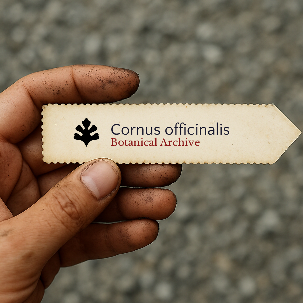 Printed plant label for Cornus officinalis with botanical archive logo held by dirty hand