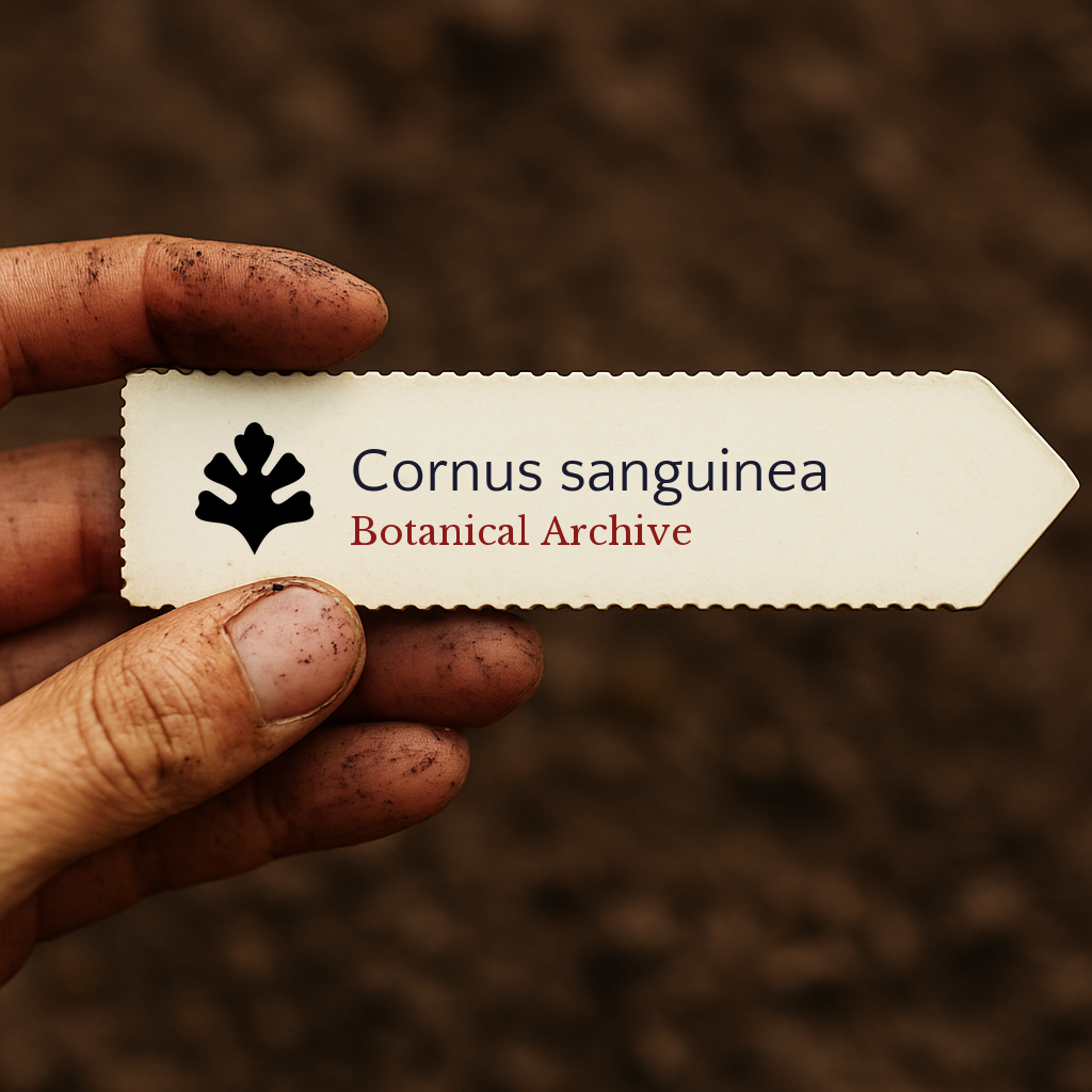 Printed plant label for Cornus sanguinea held by dirty hand over soil background