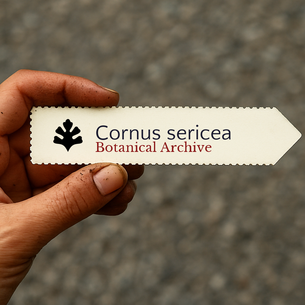 Etichetta stampata per pianta di Cornus sericea con il logo di Botanical Archive tenuta a mano
