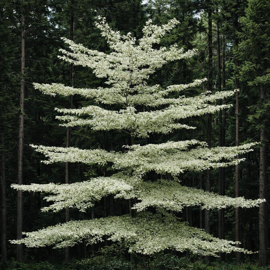 Cornus controversa tree with tiered branches and variegated white-green leaves in forest