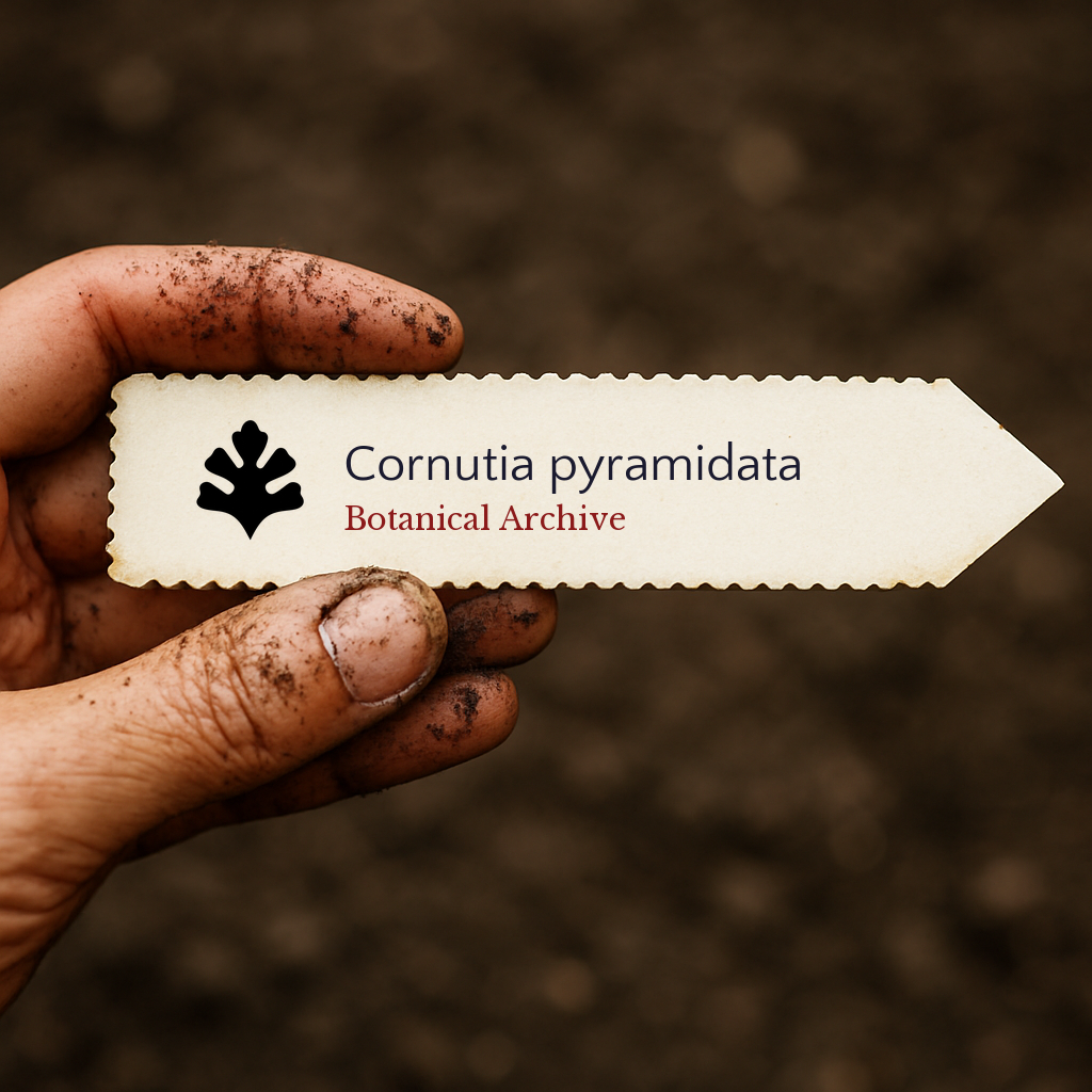 Printed plant label for Cornutia pyramidata held by dirty hand over soil background
