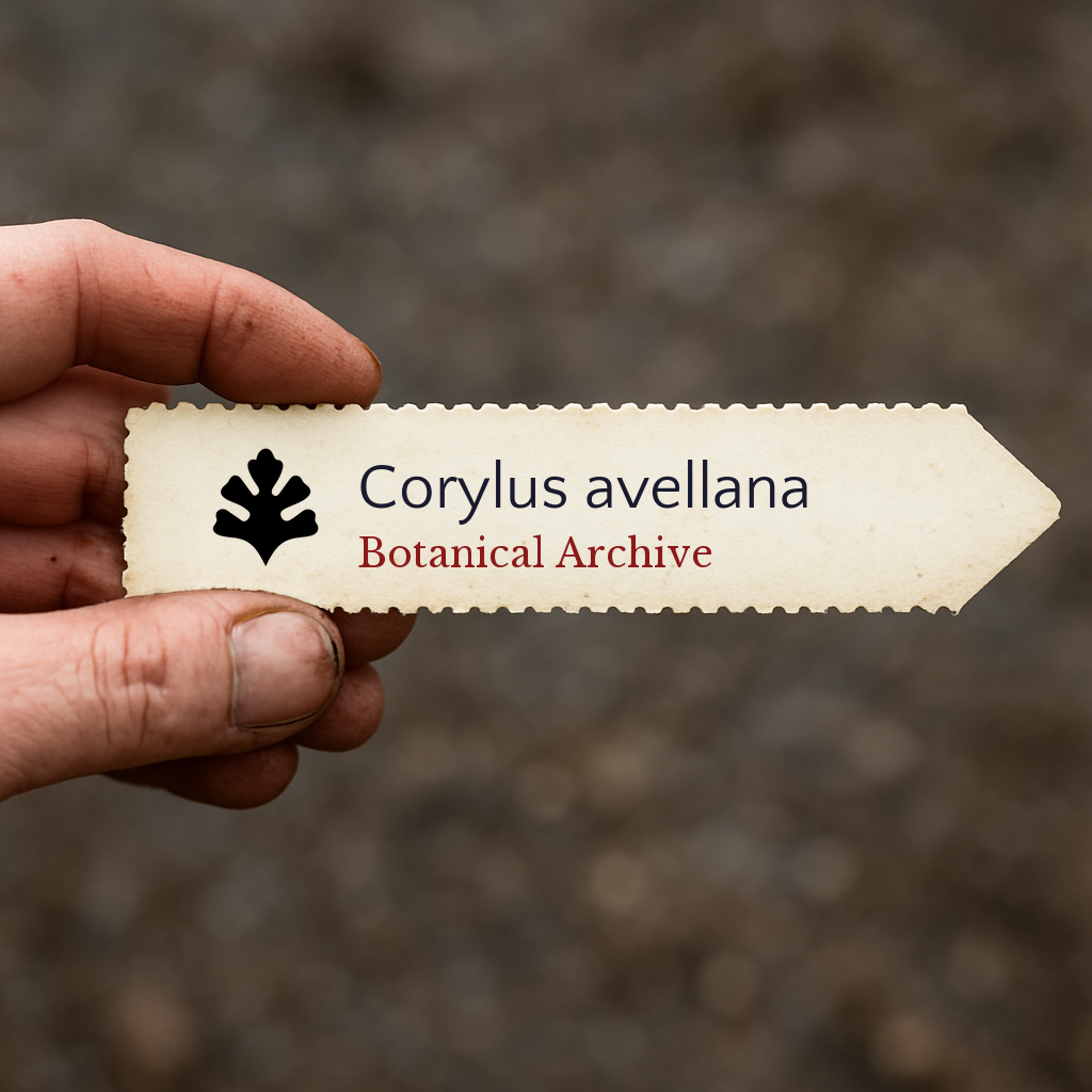 Etichetta stampata per piante di Corylus avellana tenuta a mano con sfondo sfocato di terreno