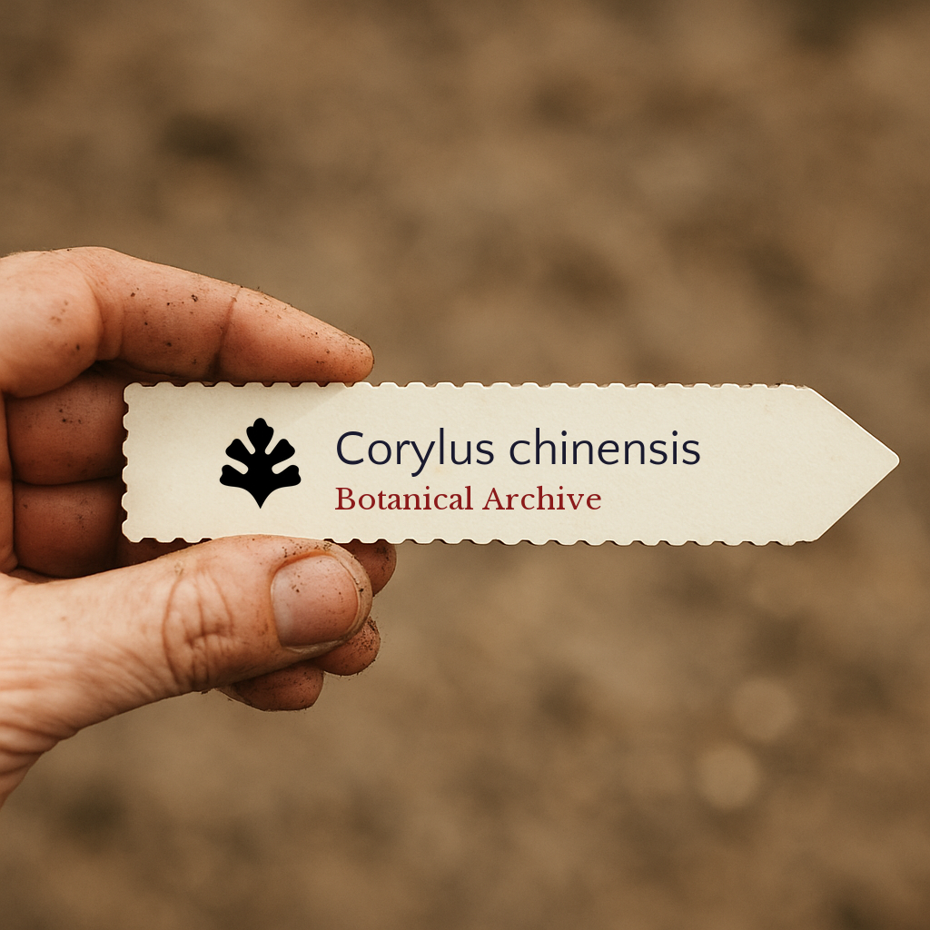 Etichetta per pianta stampata per Corylus chinensis con il logo Botanical Archive tenuta a mano