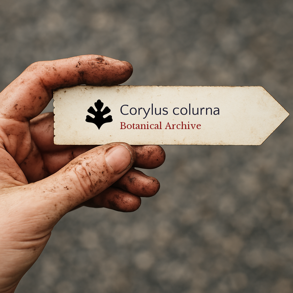 Etichetta per pianta stampata per Corylus colurna tenuta da una mano sporca con sfondo sfocato