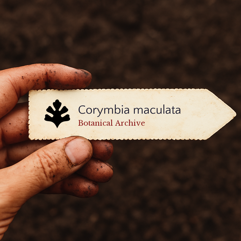 Printed plant label for Corymbia maculata held by dirty hand against soil background