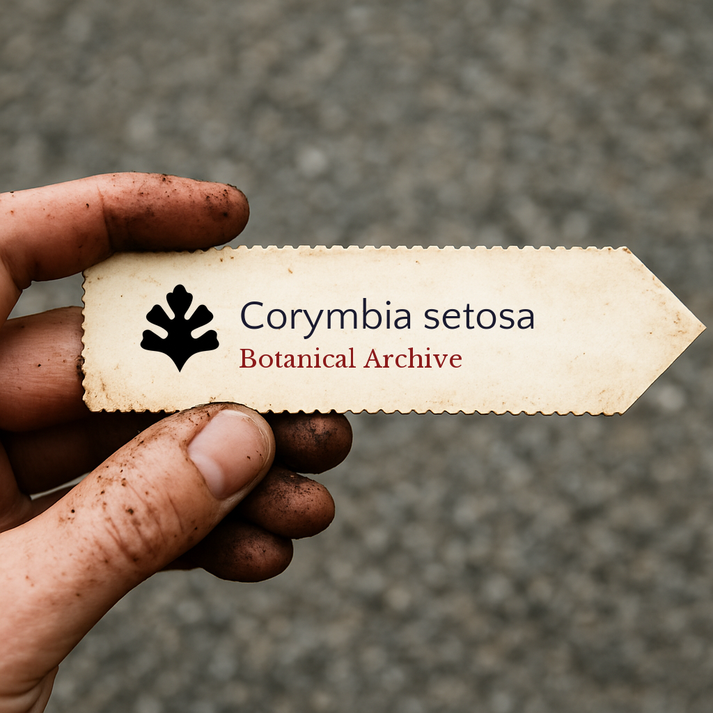 Printed plant label for Corymbia setosa held by dirty hand on gray background