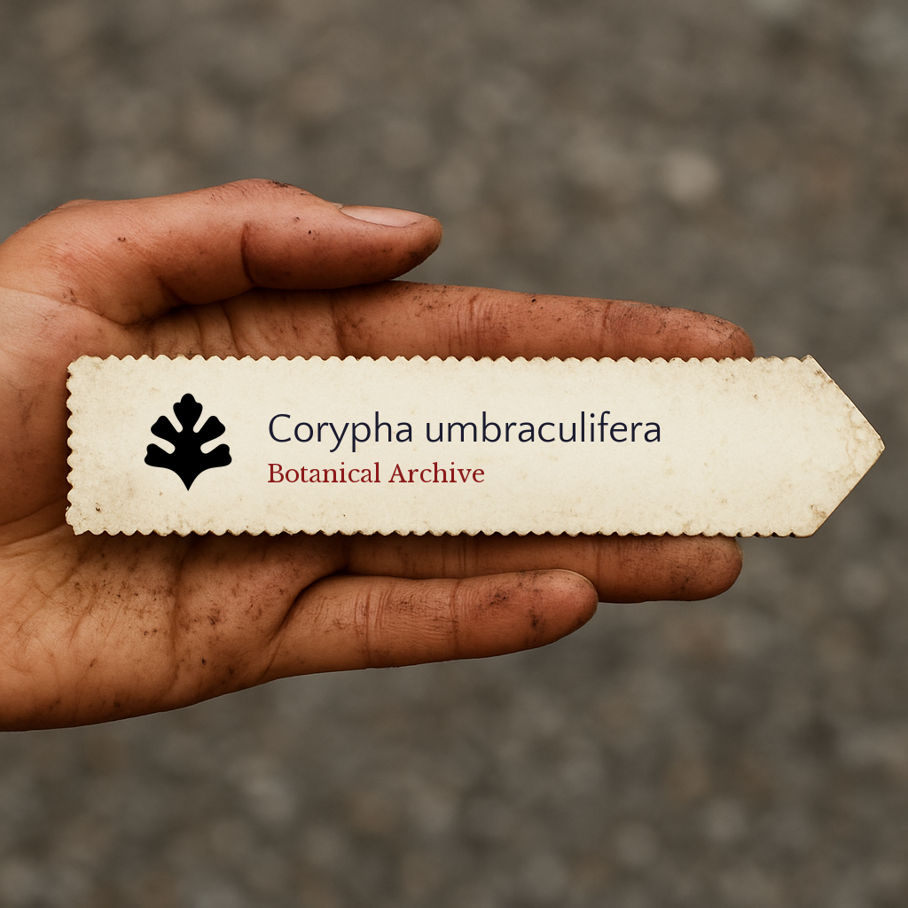 Etichetta stampata per pianta di Corypha umbraculifera con logo Botanical Archive in mano