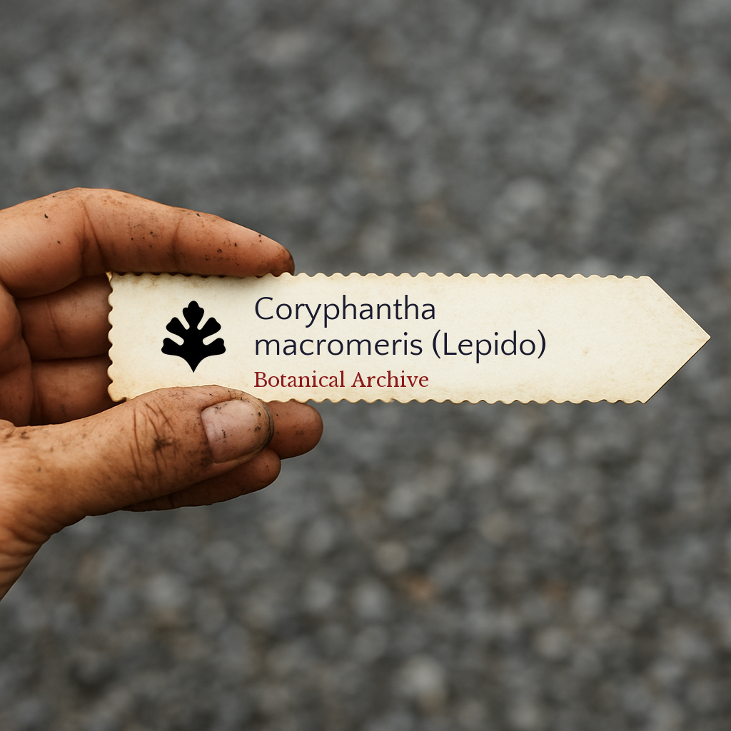Printed plant label for Coryphantha macromeris (Lepido) held by dirty hand outdoors