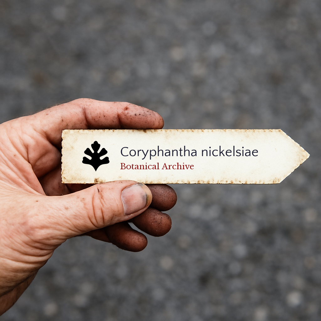 Etichetta per pianta stampata per Coryphantha nickelsiae tenuta da una mano sporca all'aperto