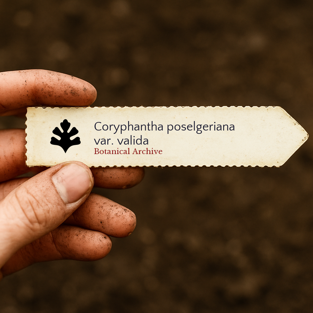 Etichetta stampata per pianta di Coryphantha poselgeriana var. valida tenuta da una mano sporca su sfondo di terreno