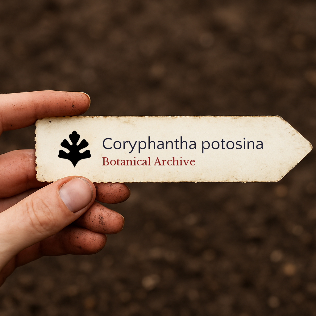 Printed plant label for Coryphantha potosina held over soil background