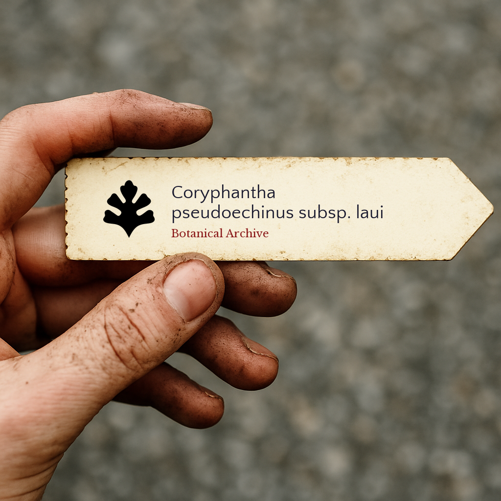 Printed plant label for Coryphantha pseudoechinus subsp. laui held by dirty hand outdoors