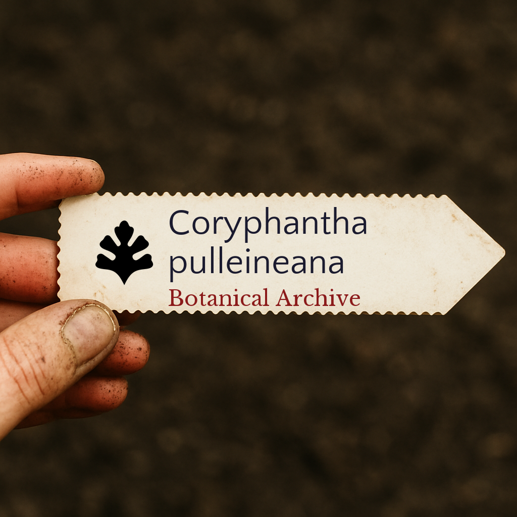 Etichetta stampata per pianta di Coryphantha pulleineana su sfondo di terreno
